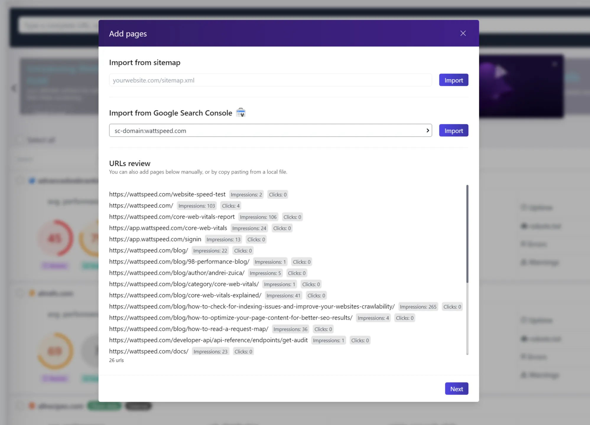 Importing from Google Search Console in Wattspeed